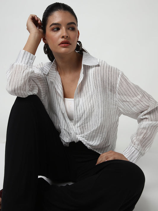 Women's White Striped Shirt Style Crop Top
