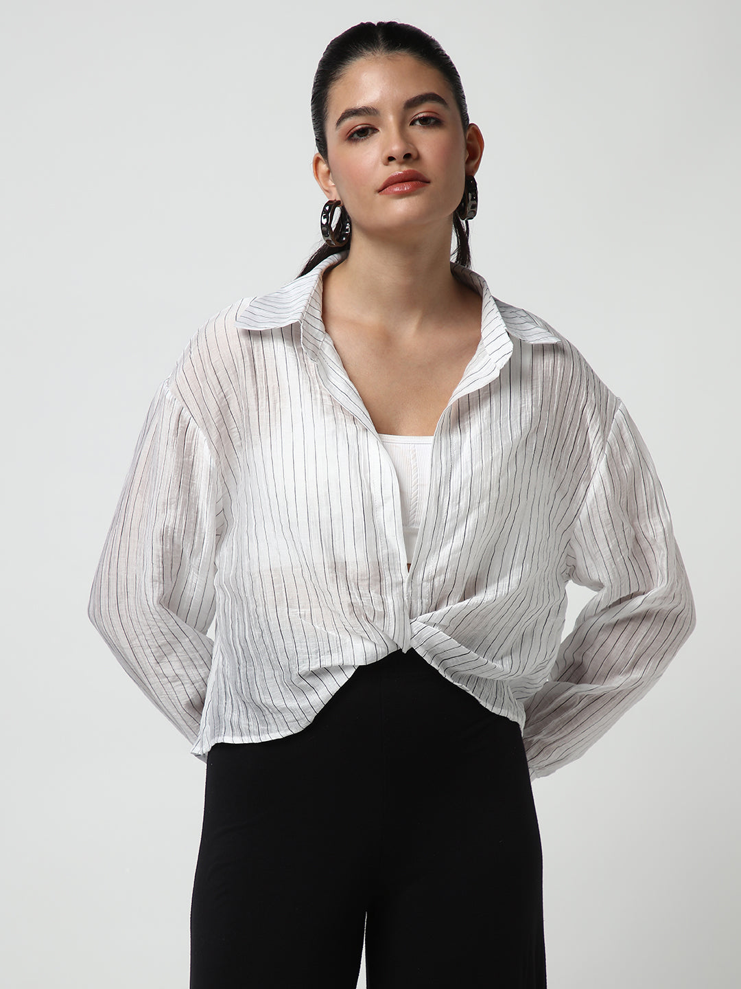 Women's White Striped Shirt Style Crop Top