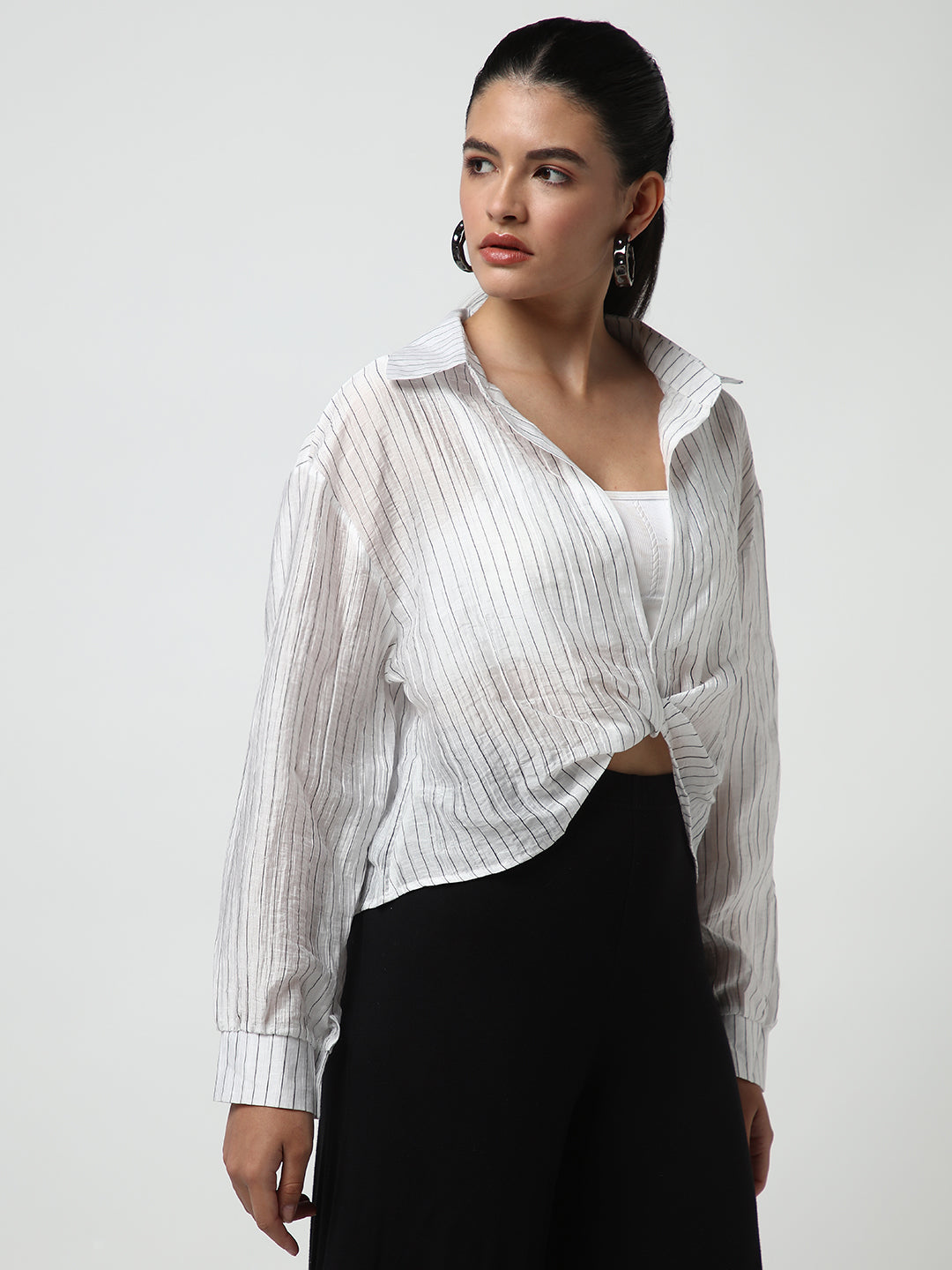 Women's White Striped Shirt Style Crop Top