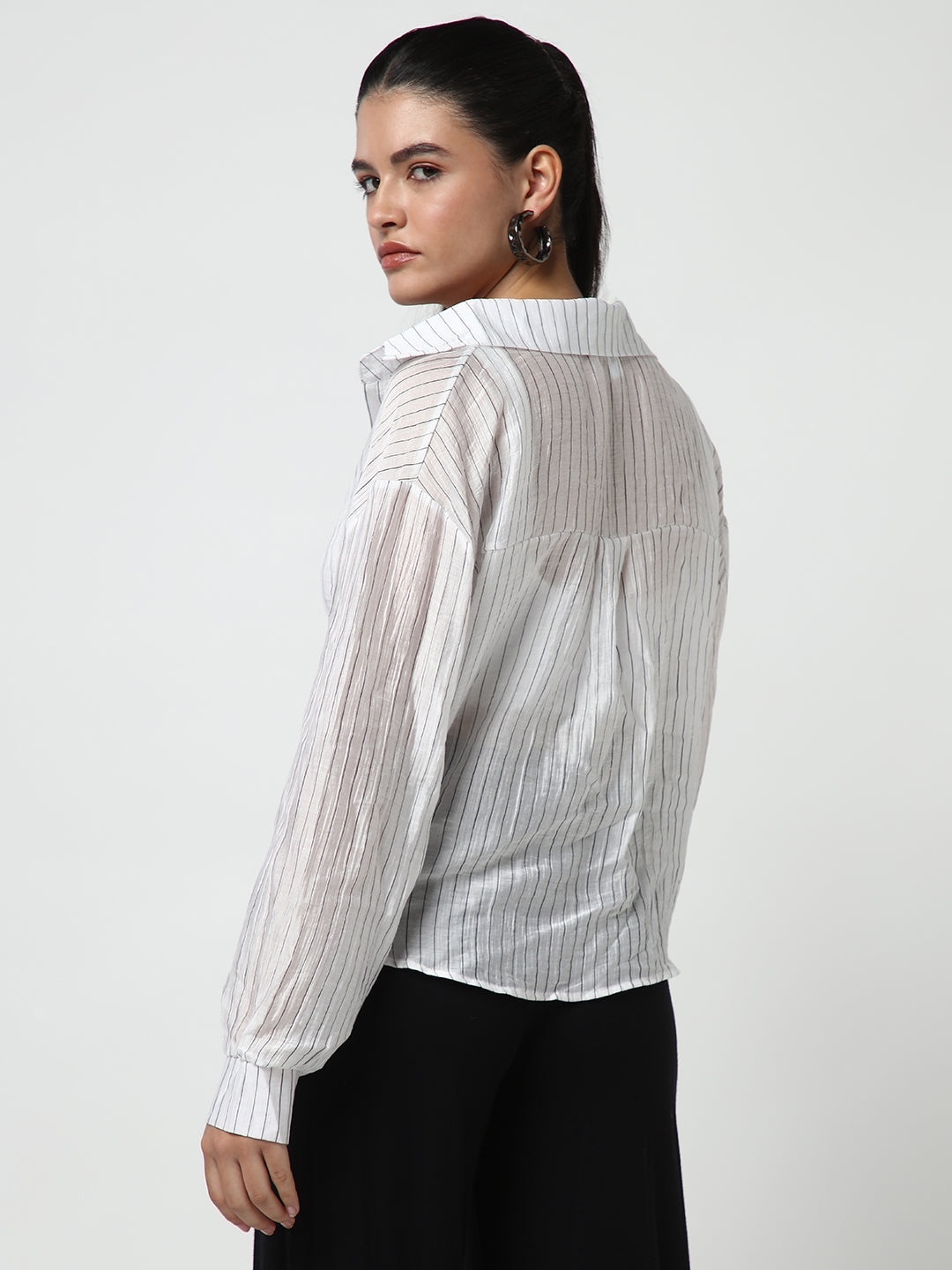 Women's White Striped Shirt Style Crop Top