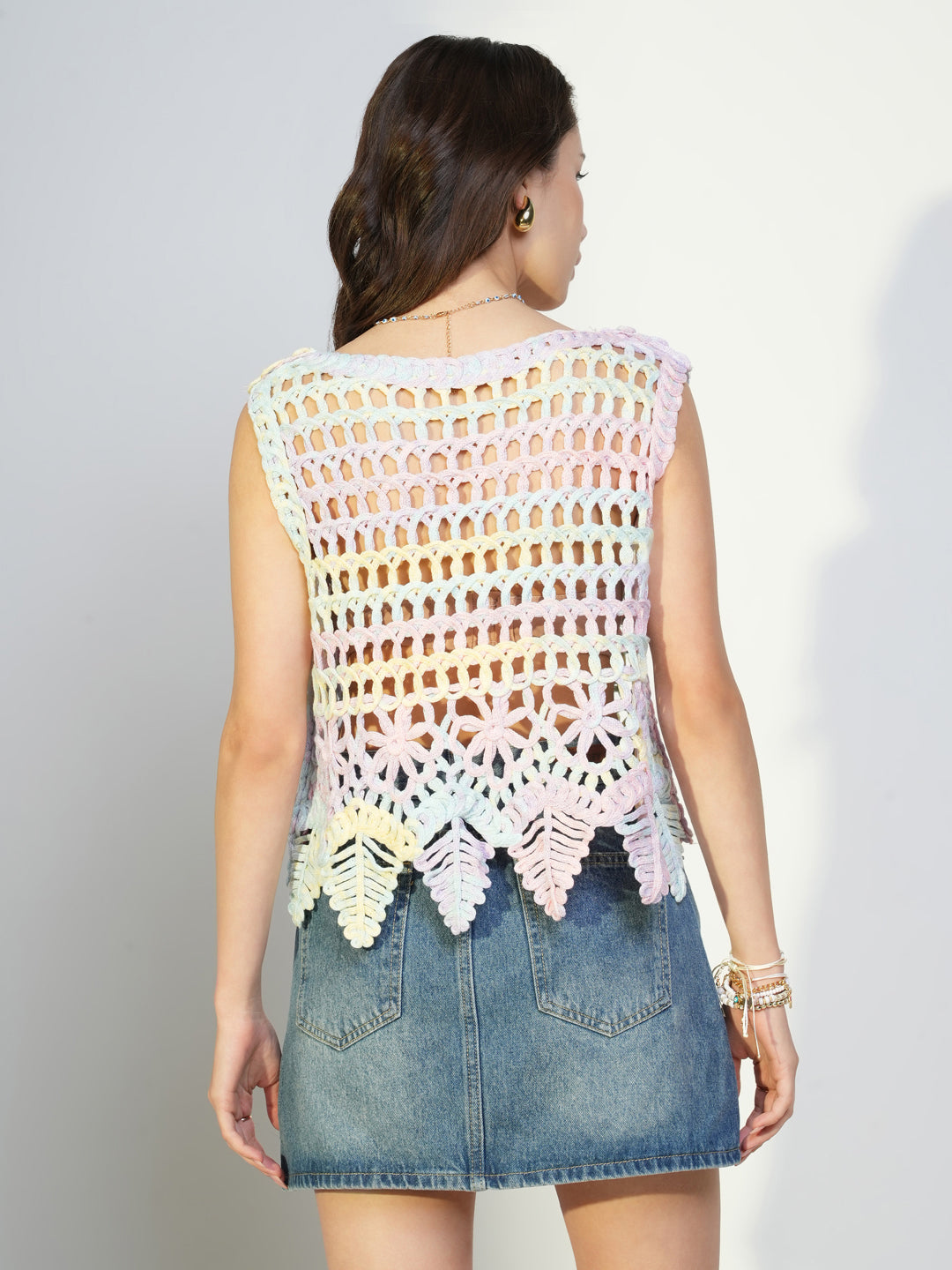 Women's Blue Self Design Sleeveless Crochet Crop Top