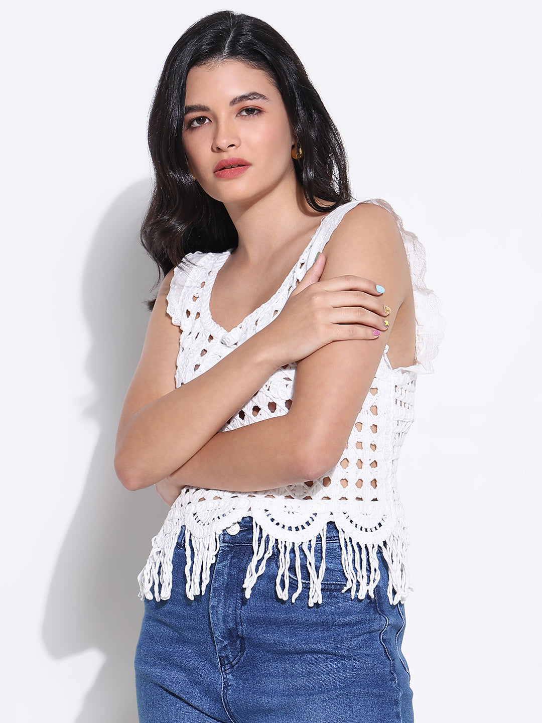 Women's White Round Neck Crochet Crop Top