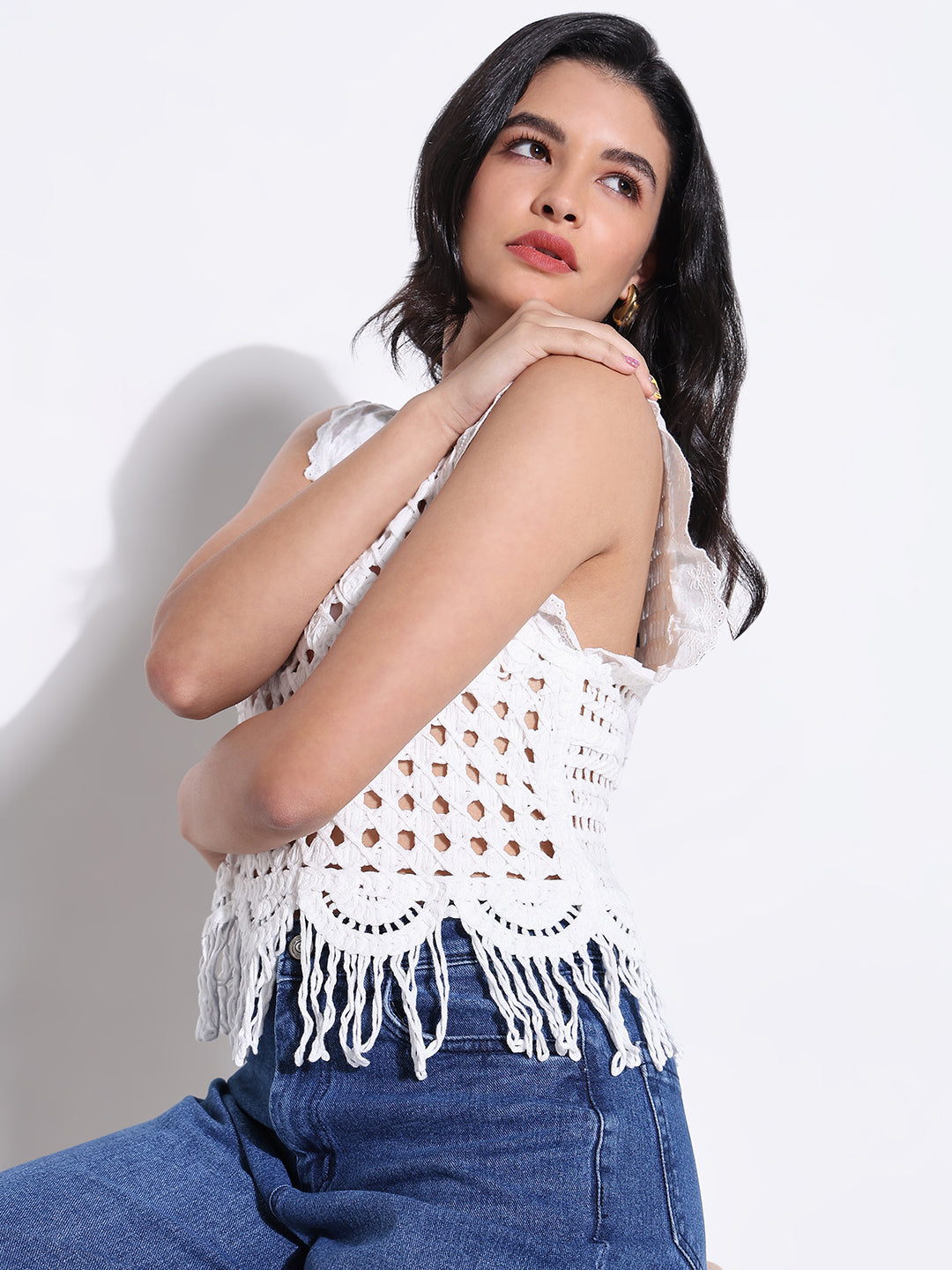 Women's White Round Neck Crochet Crop Top