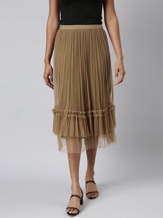 Women's Brown Pleated Flared Midi Skirt