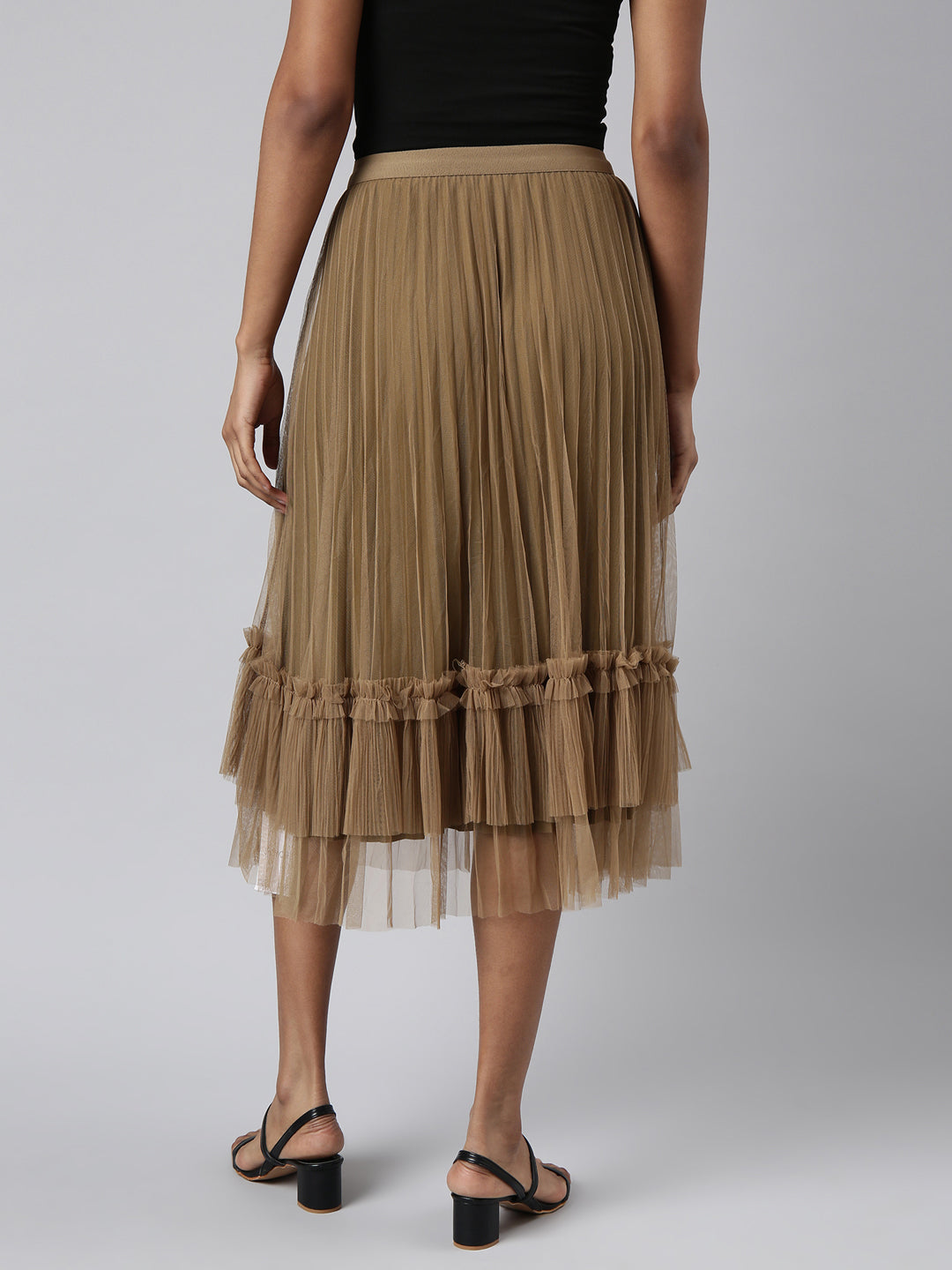 Women's Brown Pleated Flared Midi Skirt