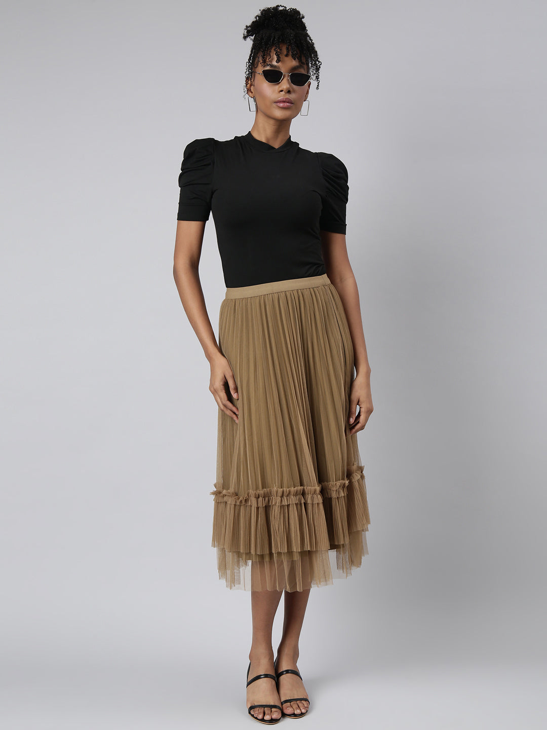 Women's Brown Pleated Flared Midi Skirt