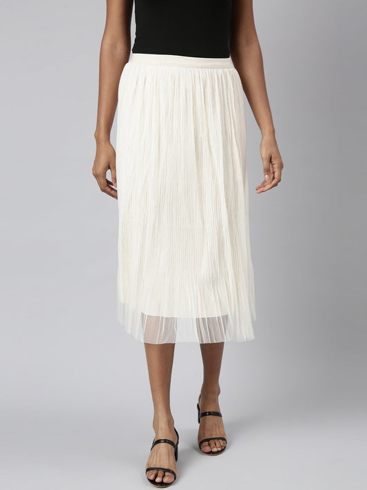 Women's Cream Self Design Flared Midi Tulle Skirt