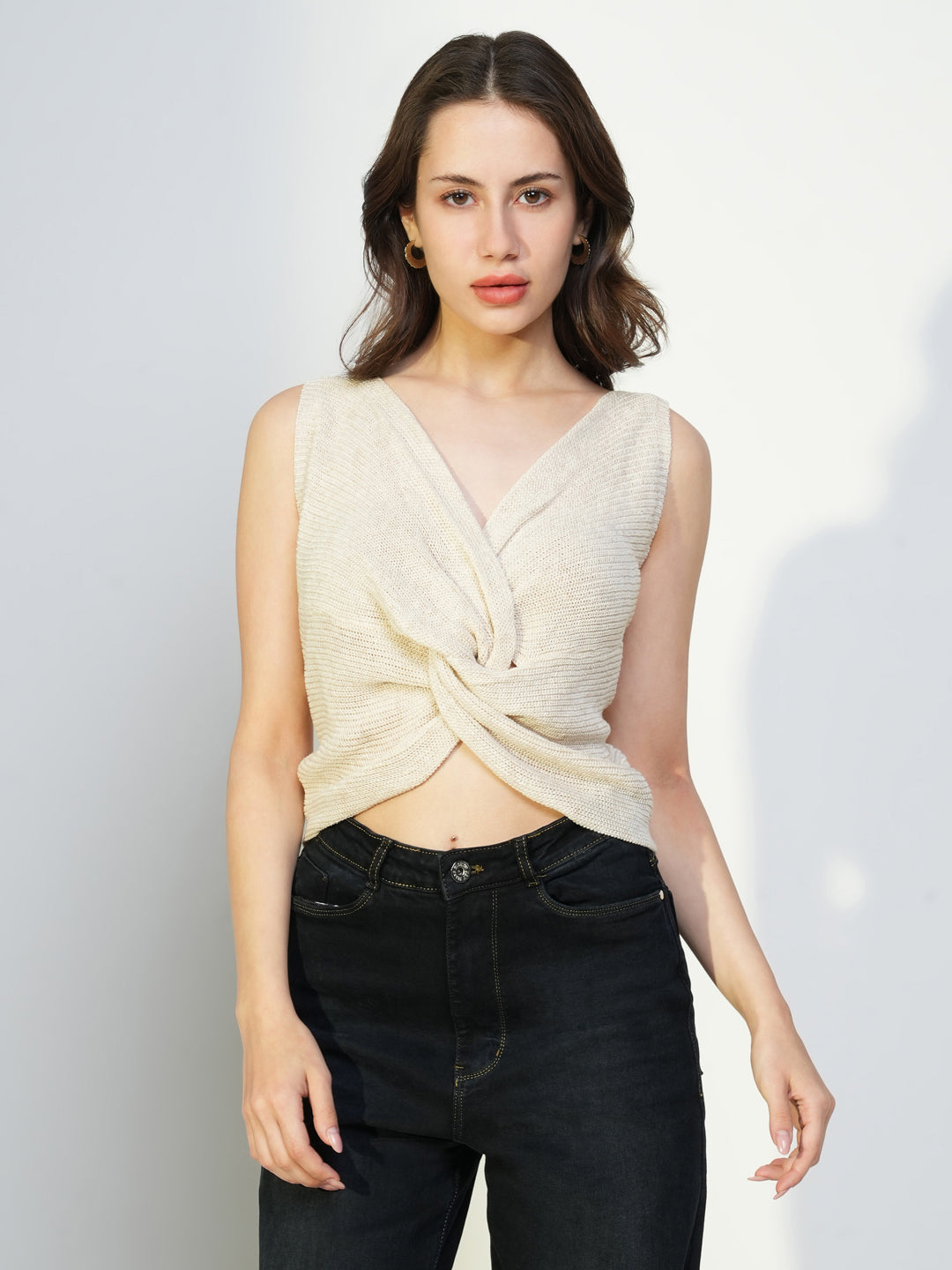 Women's Cream V-Neck Sleeveless Twisted Crop Top