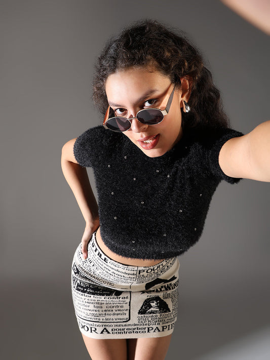 Women's Black Studded Knitted Crop Top
