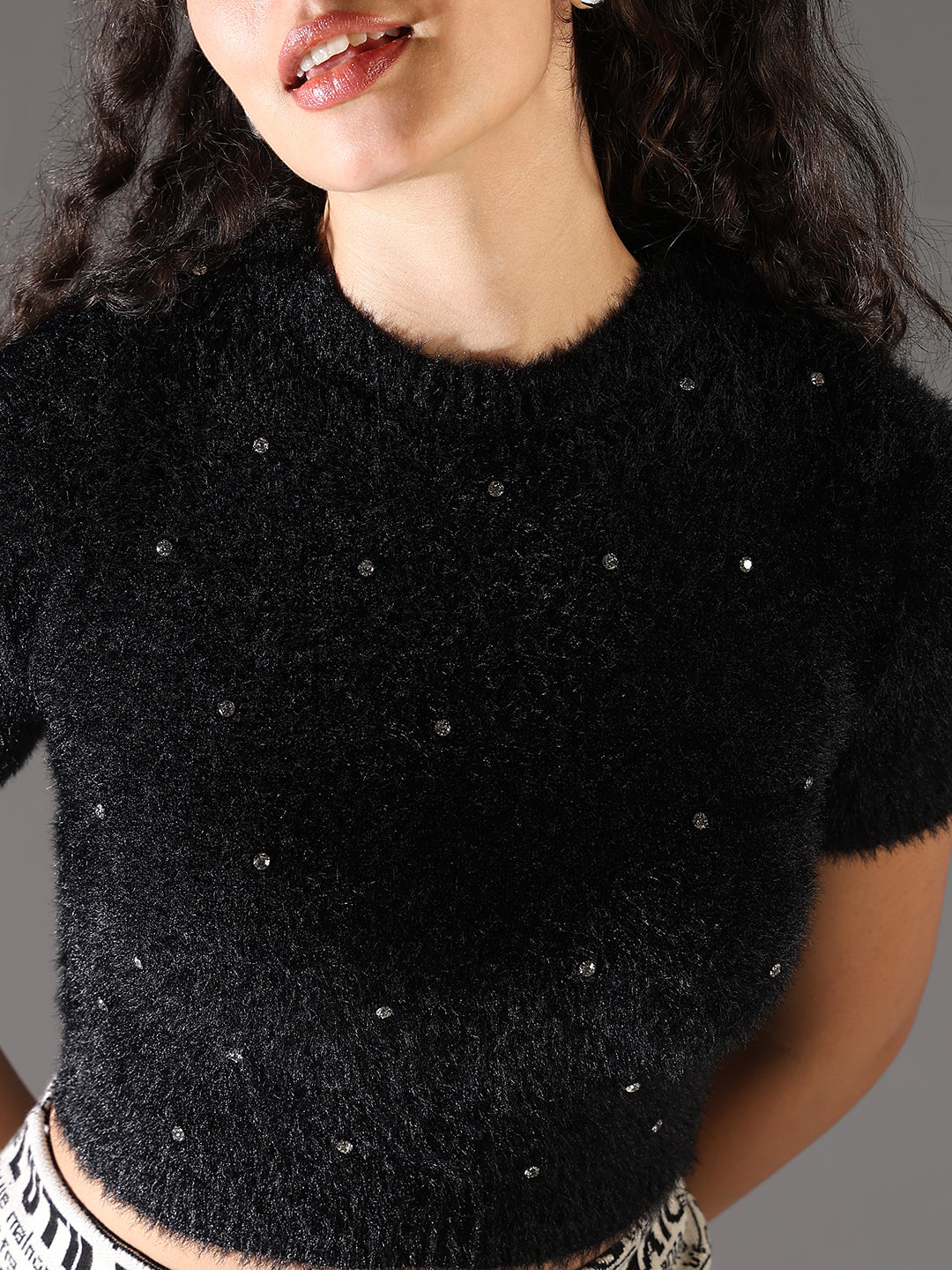 Women's Black Studded Knitted Crop Top