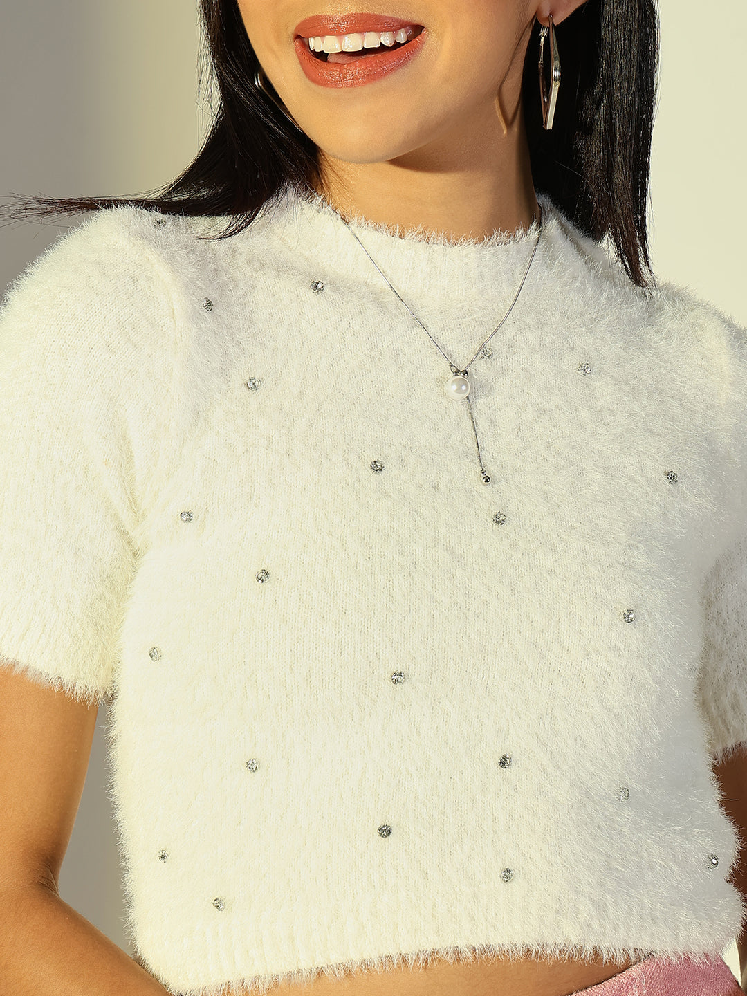 Women's White High Neck Studded Crop Top