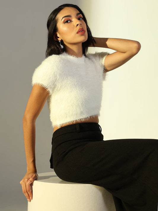 Women's Off White Fringed Crop Top