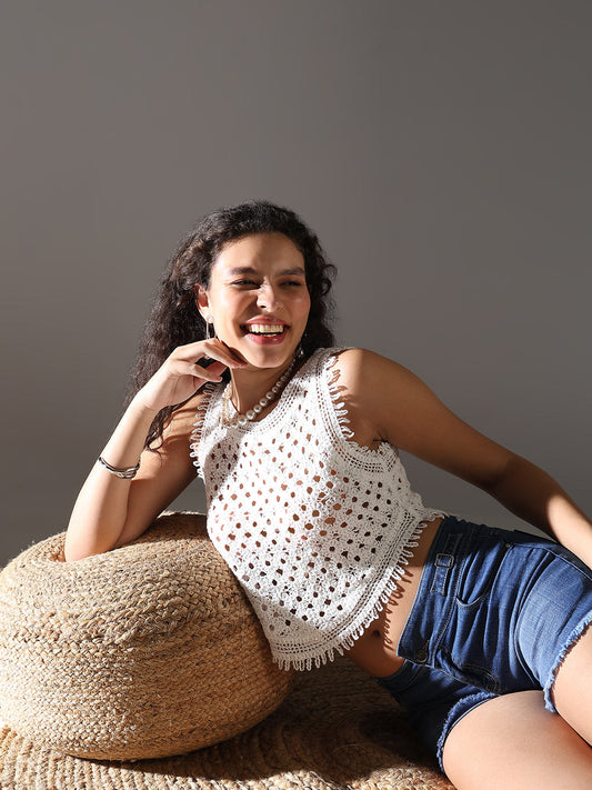 Women's White Self Design Crochet Crop Top