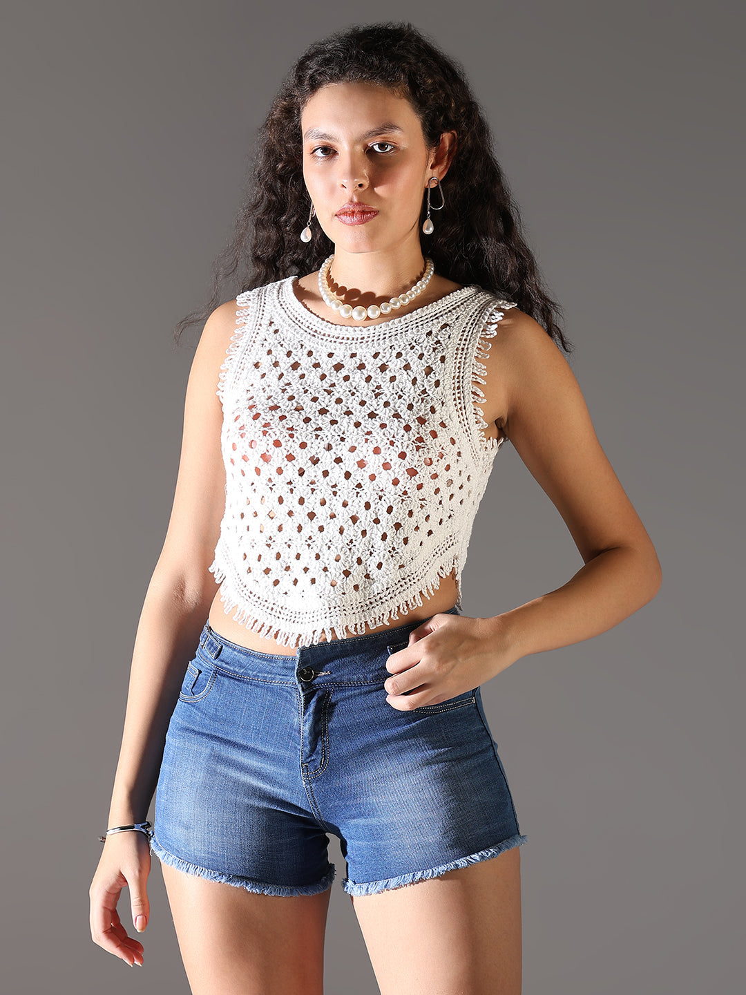 Women's White Self Design Crochet Crop Top