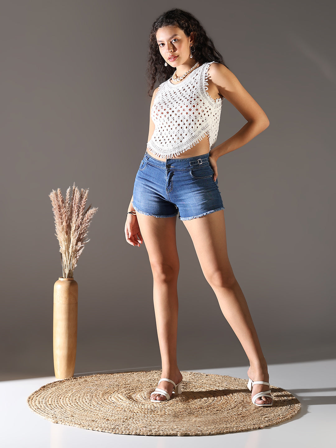 Women's White Self Design Crochet Crop Top