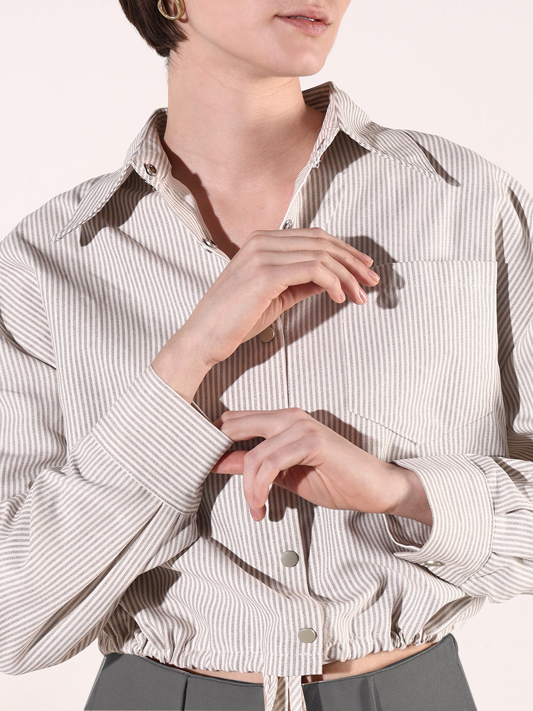 Women's Beige Striped Cotton Shirt Style Crop Top