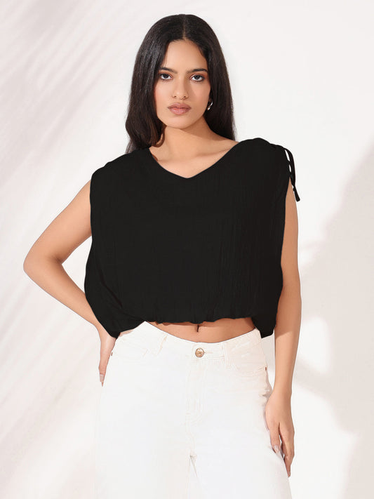 Women's Solid Black V-Neck Blouson Crop Top