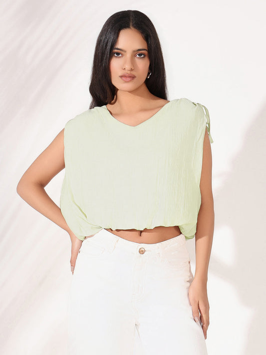 Women's Solid Green V-Neck Blouson Crop Top