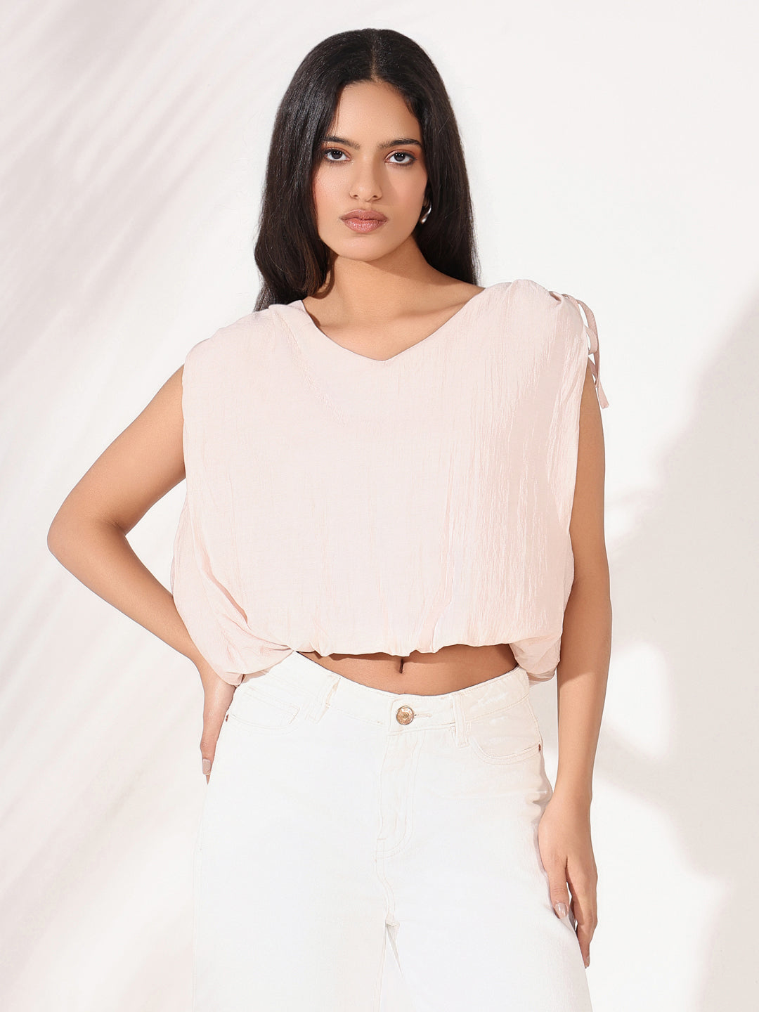 Women's Pink Blouson Crop Top
