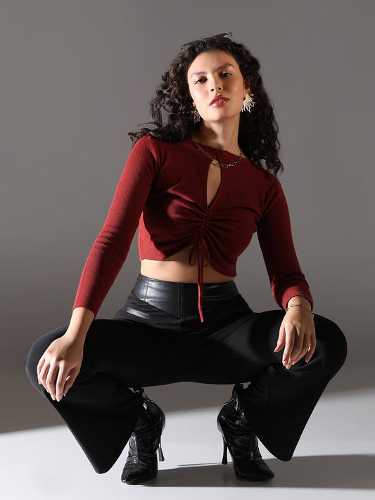 Women's Red Boat Neck Crop Top