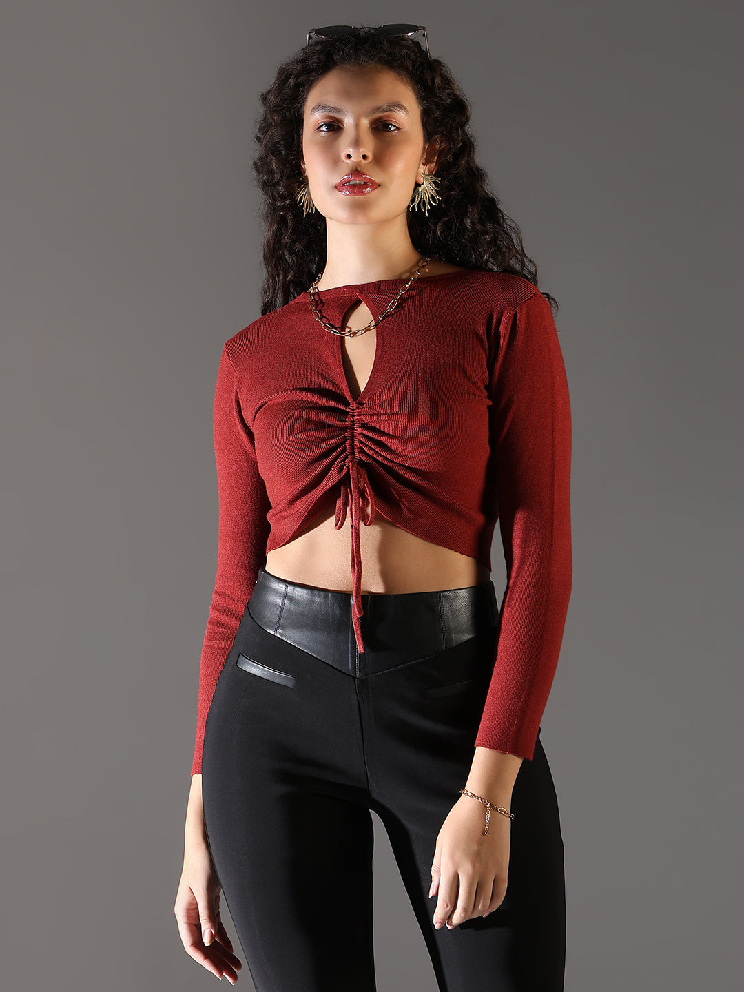 Women's Red Boat Neck Crop Top