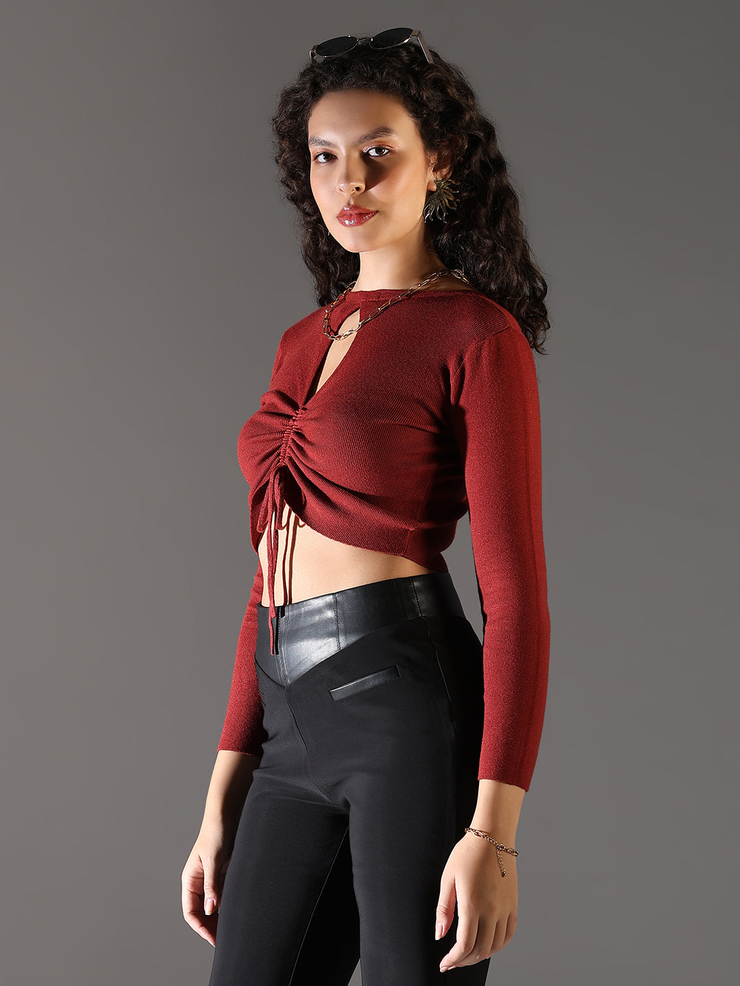 Women's Red Boat Neck Crop Top
