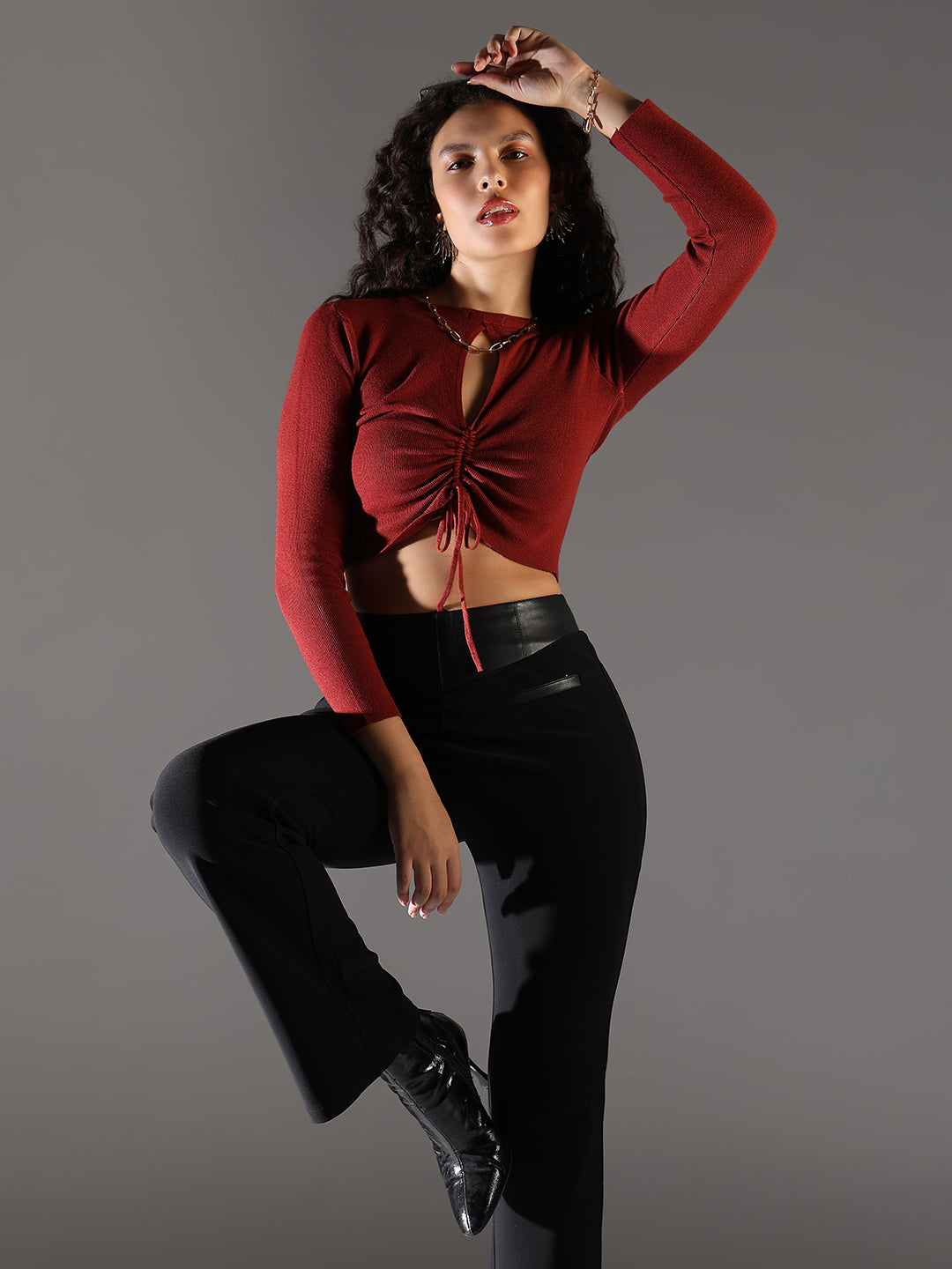 Women's Red Boat Neck Crop Top