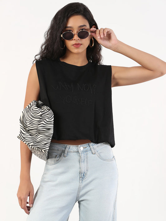 Women's Solid Round Neck Black Blouson Crop Top