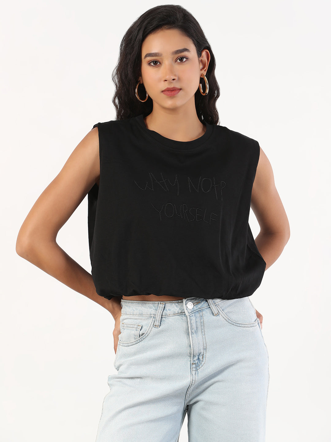 Women's Solid Round Neck Black Blouson Crop Top