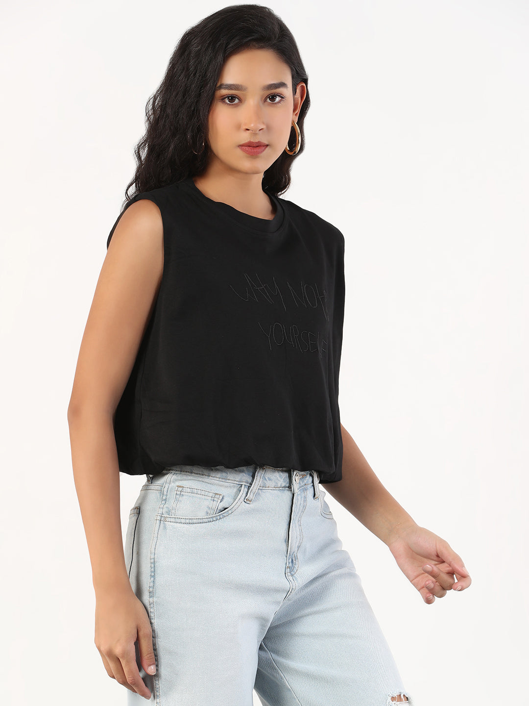 Women's Solid Round Neck Black Blouson Crop Top