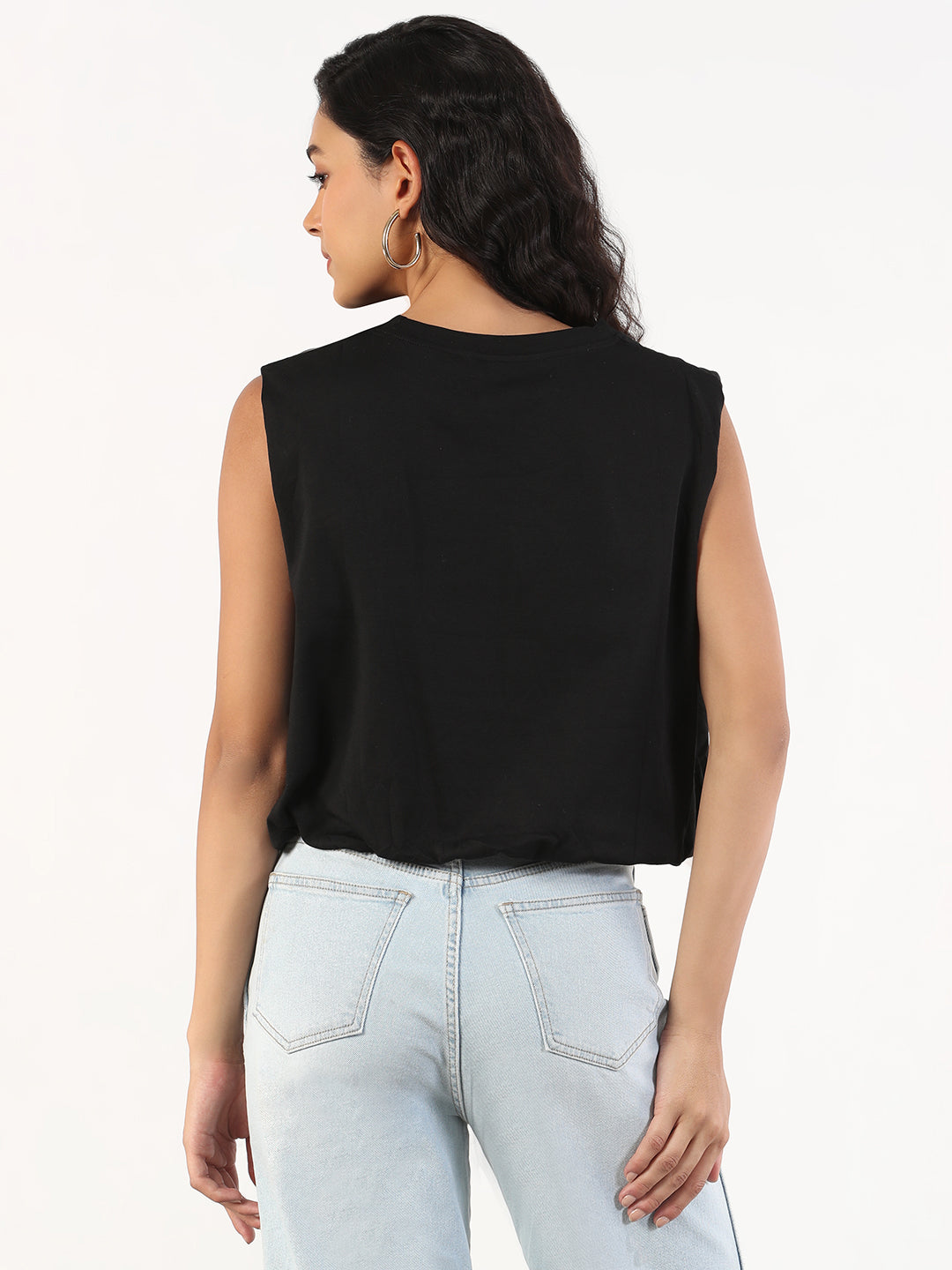 Women's Solid Round Neck Black Blouson Crop Top