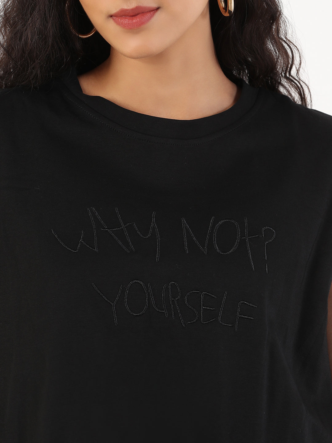 Women's Solid Round Neck Black Blouson Crop Top