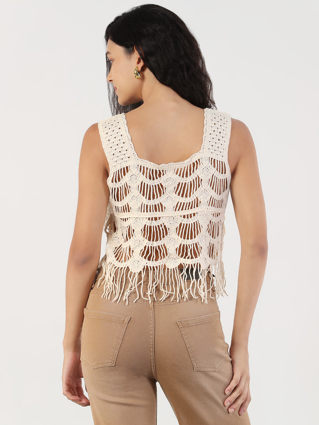 Women's Self Design Square Neck Cream Crochet Crop Top