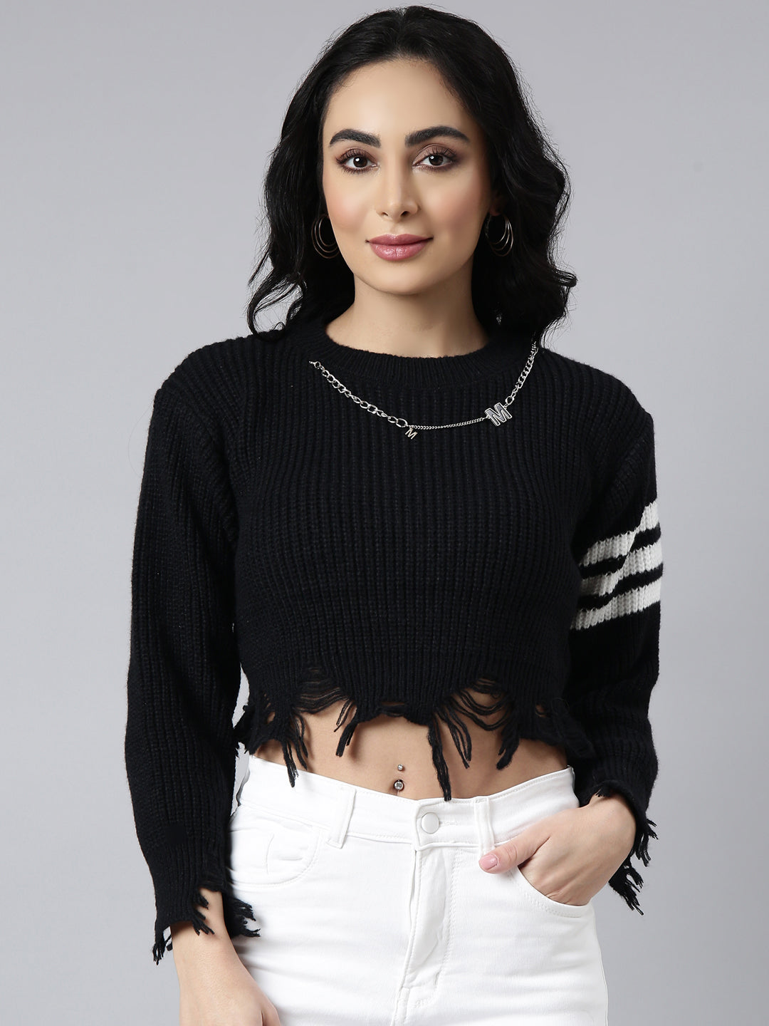 Women's Solid Black Knitted Fringed Crop Top