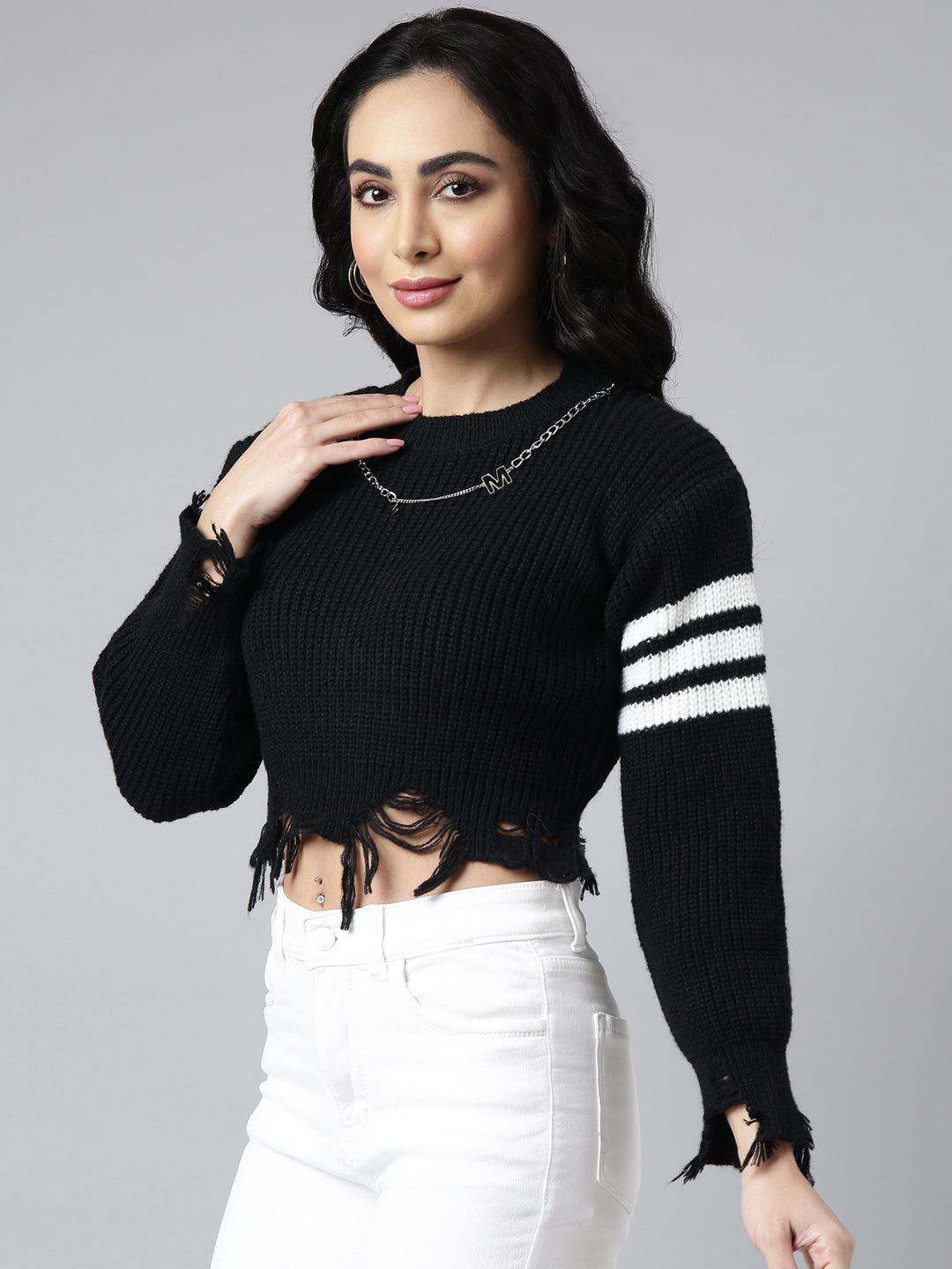 Women's Solid Black Knitted Fringed Crop Top