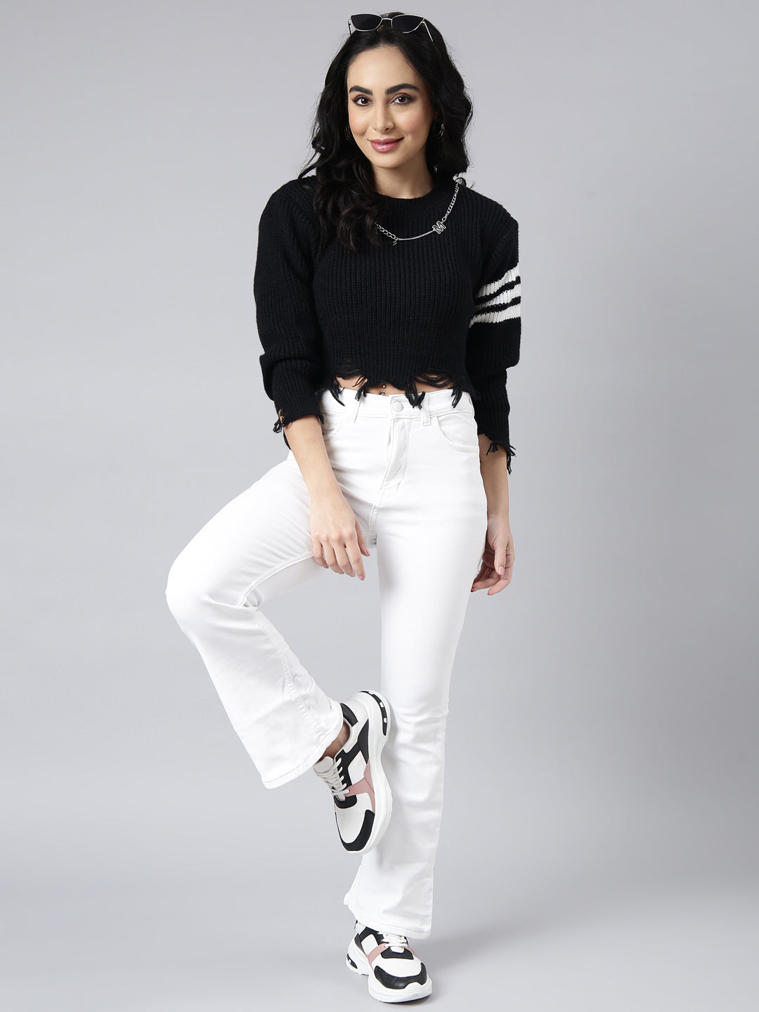 Women's Solid Black Knitted Fringed Crop Top