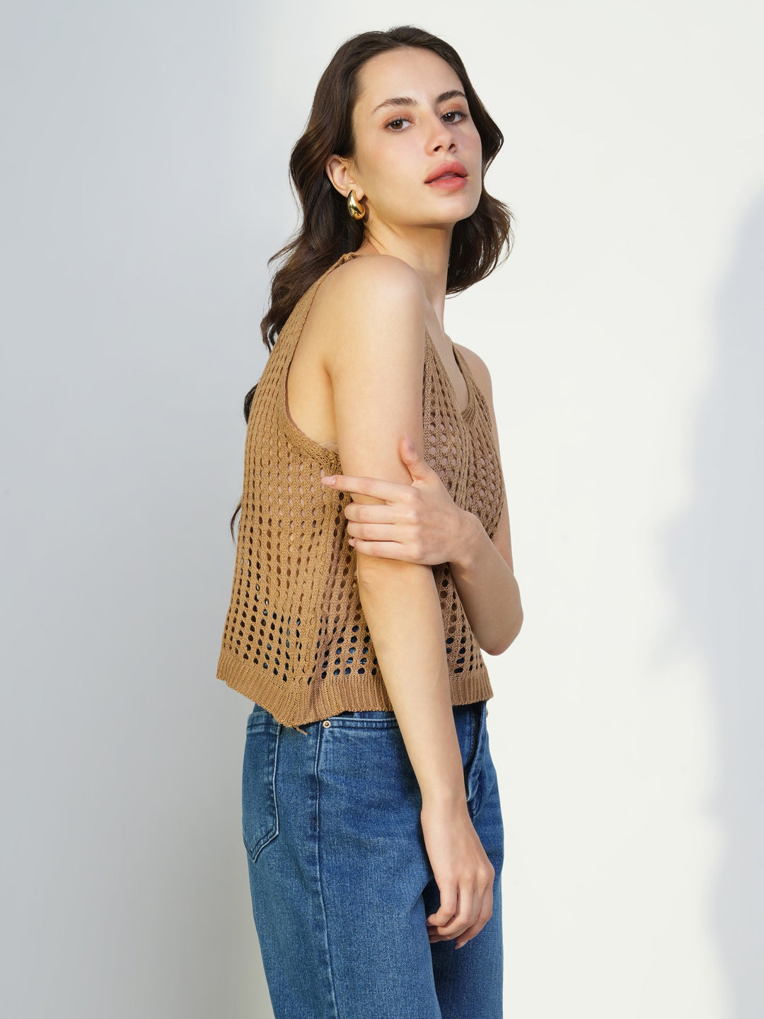 Women's Brown Self Design Crochet Crop Top