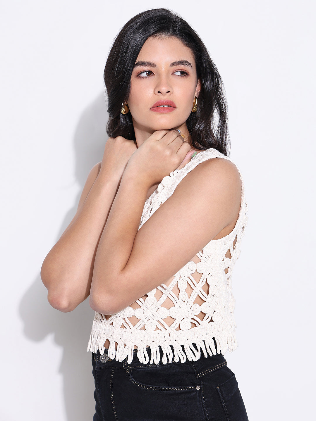 Women's Solid White Round Neck Crochet Crop Top