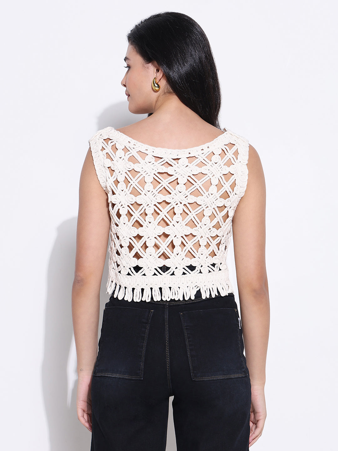 Women's Solid White Round Neck Crochet Crop Top