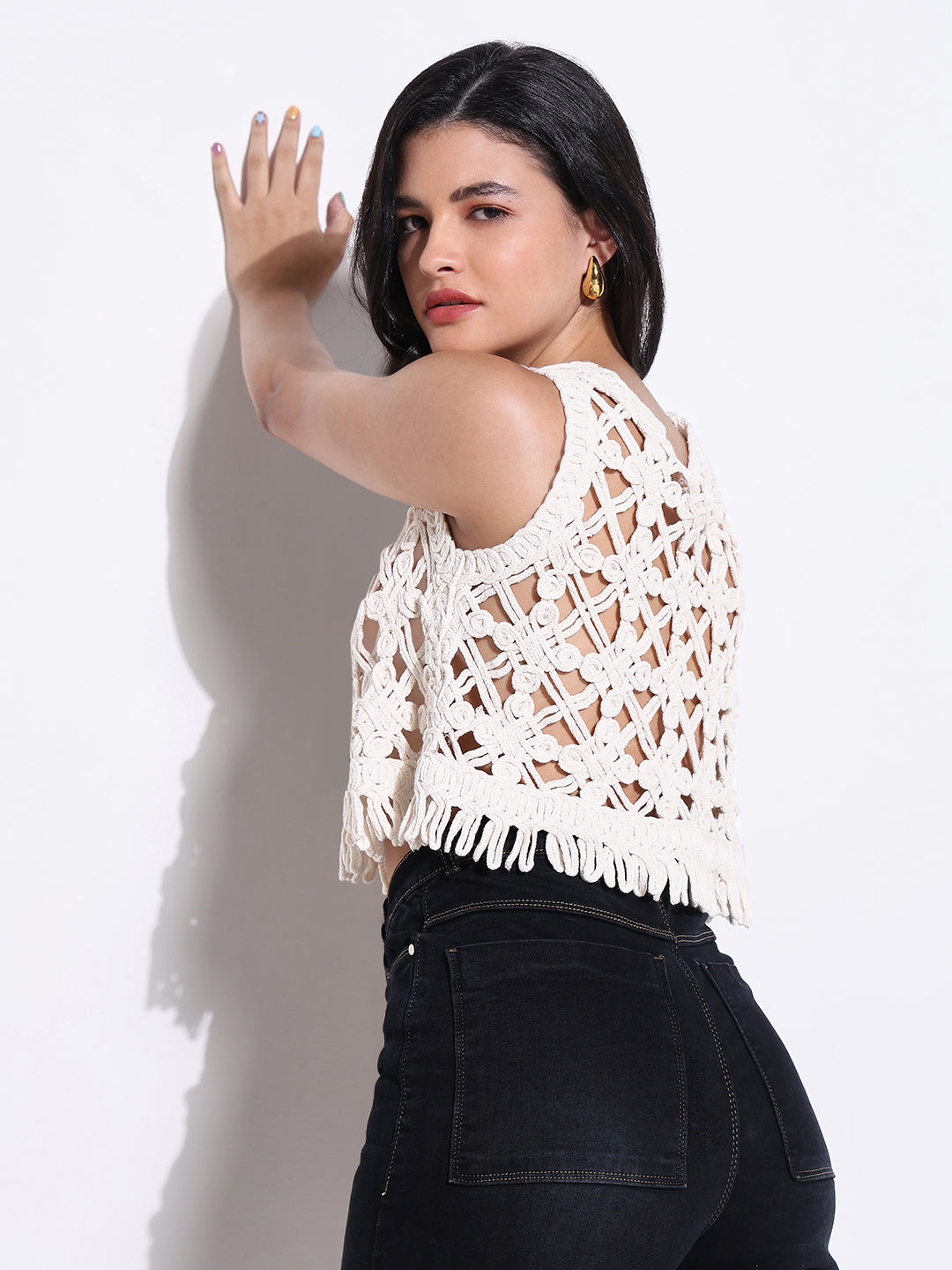 Women's Solid White Round Neck Crochet Crop Top