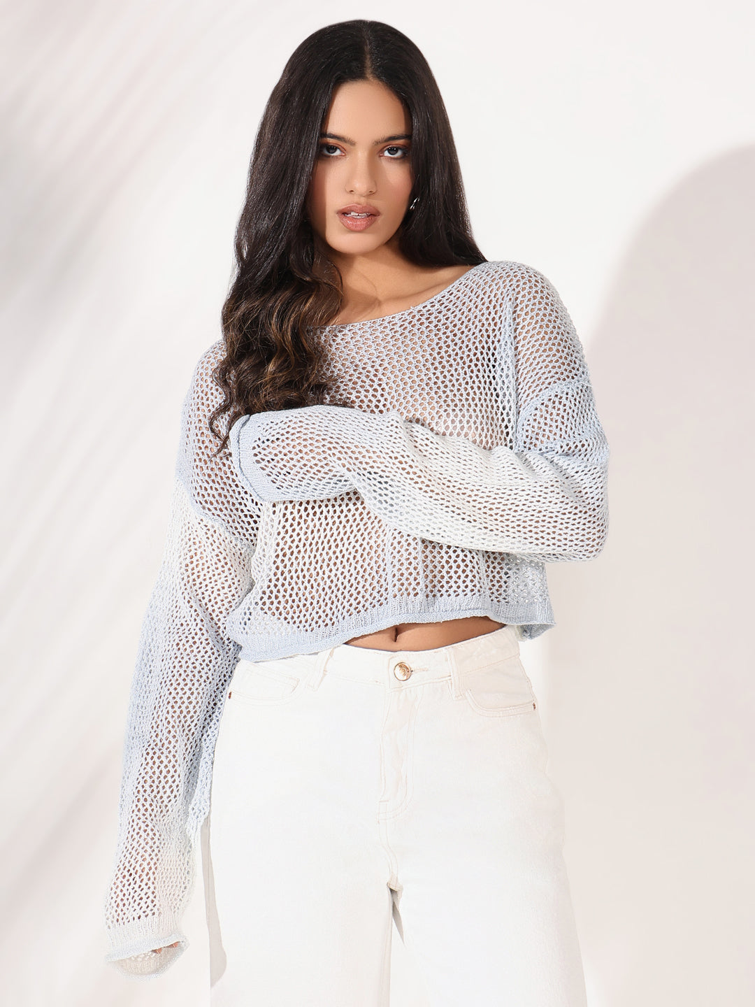 Women's Blue Polka Dots Self Design Crochet Crop Top