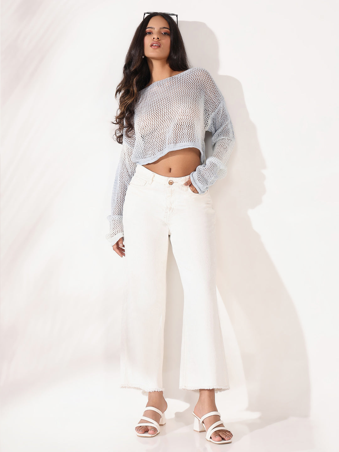 Women's Blue Polka Dots Self Design Crochet Crop Top
