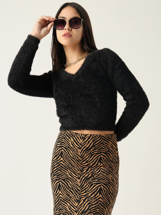 Women's Black V-Neck Acrylic Fitted Crop Top