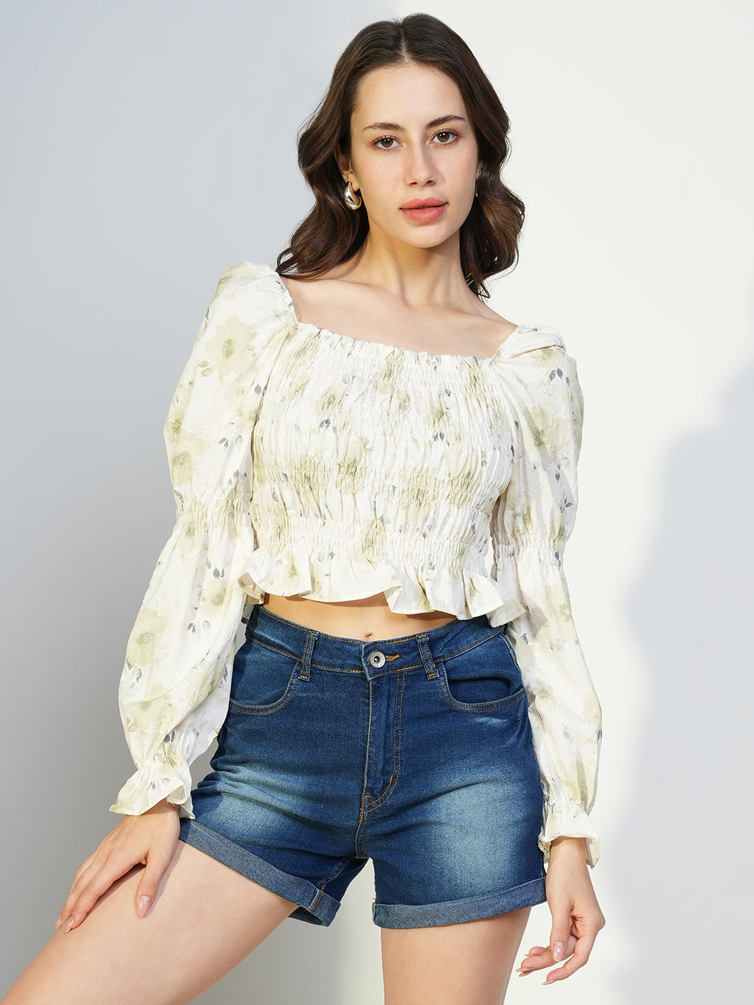 Women's Green Floral Print Puff Sleeve Crop Top