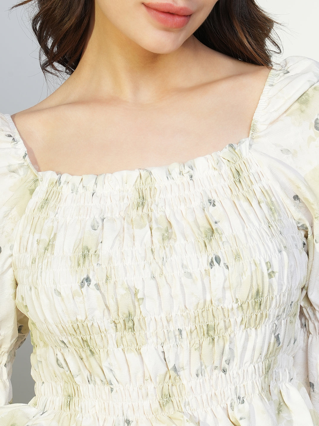 Women's Green Floral Print Puff Sleeve Crop Top