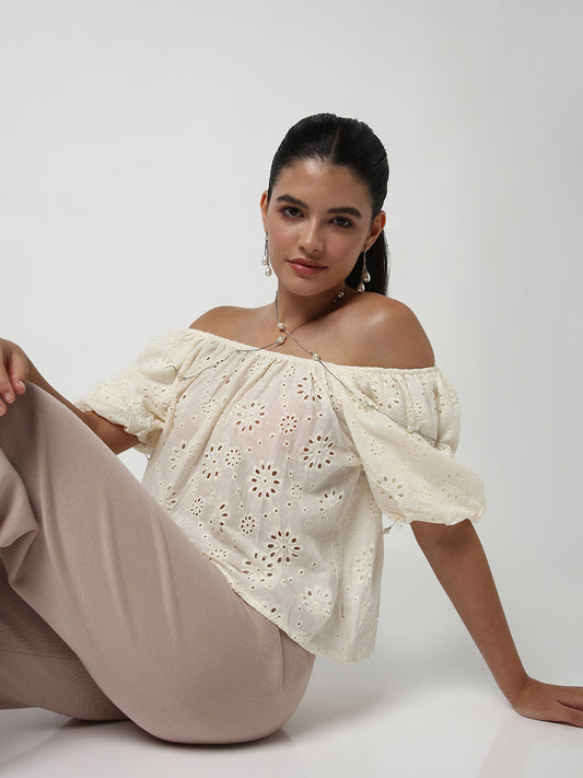 Women's Cream Self Design Off-Shoulder Puff Sleeve Schiffli Crop Top