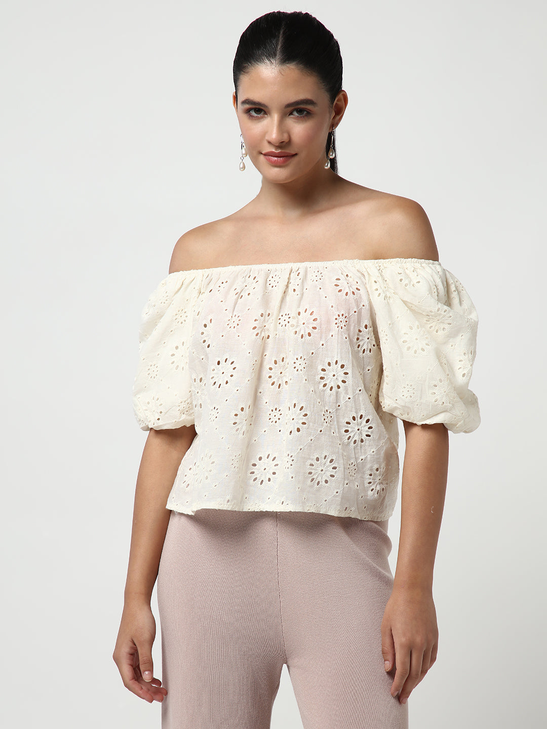 Women's Cream Self Design Off-Shoulder Puff Sleeve Schiffli Crop Top