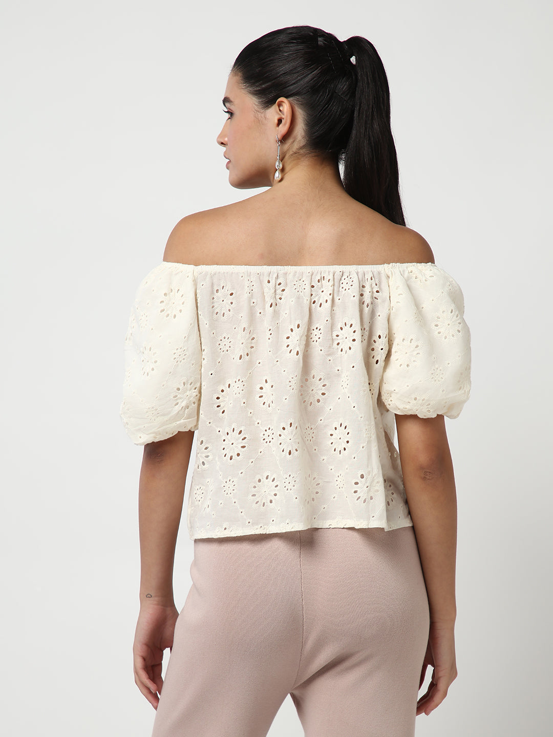Women's Cream Self Design Off-Shoulder Puff Sleeve Schiffli Crop Top