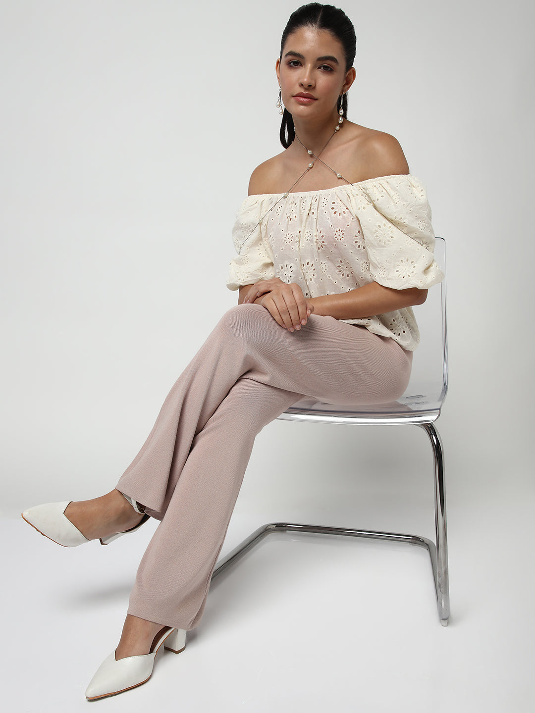 Women's Cream Self Design Off-Shoulder Puff Sleeve Schiffli Crop Top