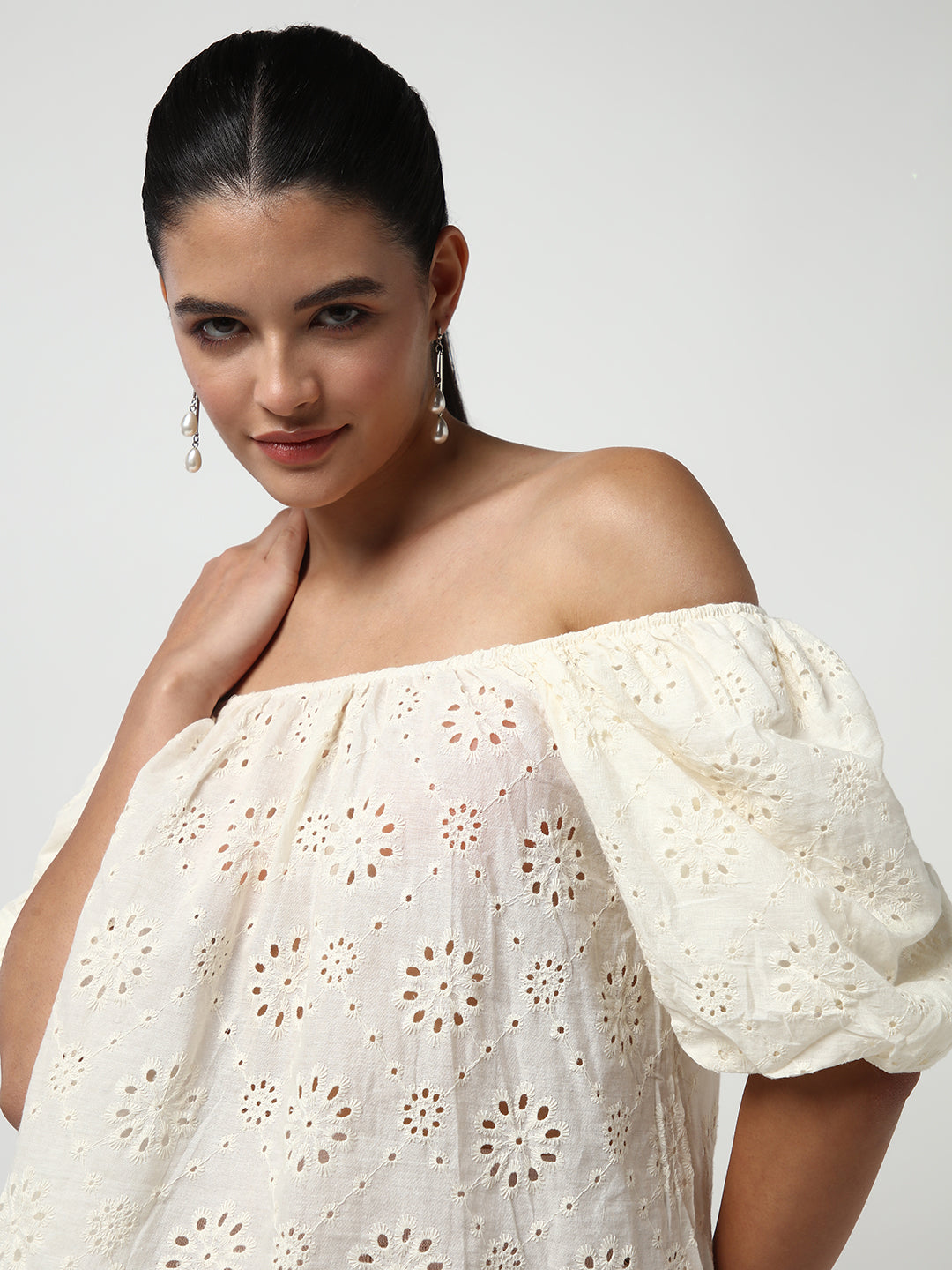 Women's Cream Self Design Off-Shoulder Puff Sleeve Schiffli Crop Top